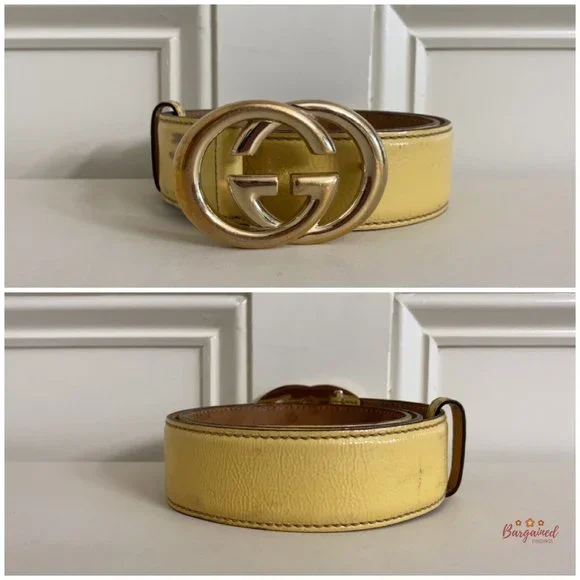 Authentic Gucci Yellow Patent Leather Gold Interlocking G Buckle Belt 85/34